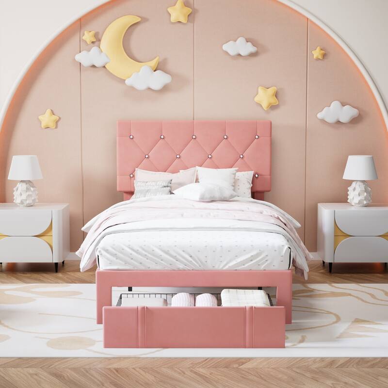 VECELO Bed Frame with Storage Drawers Leather Upholstered with Diamond Tufted Headboard Solid Wood Slat Support - Pink - Twin