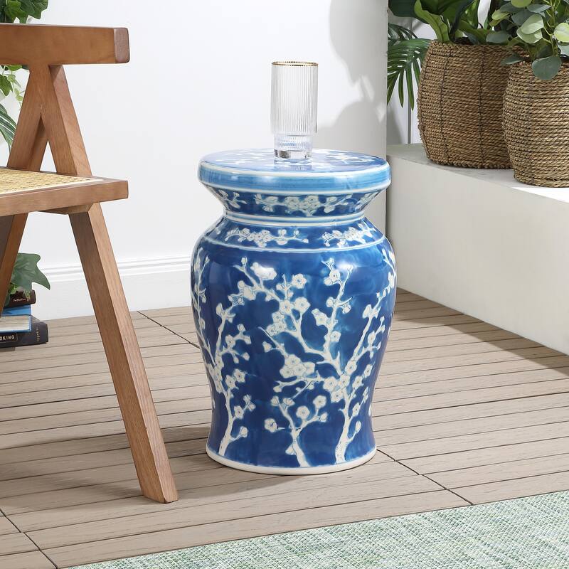 Cherry Blossom 17.7" Ceramic Garden Stool, Navy/White by JONATHAN Y