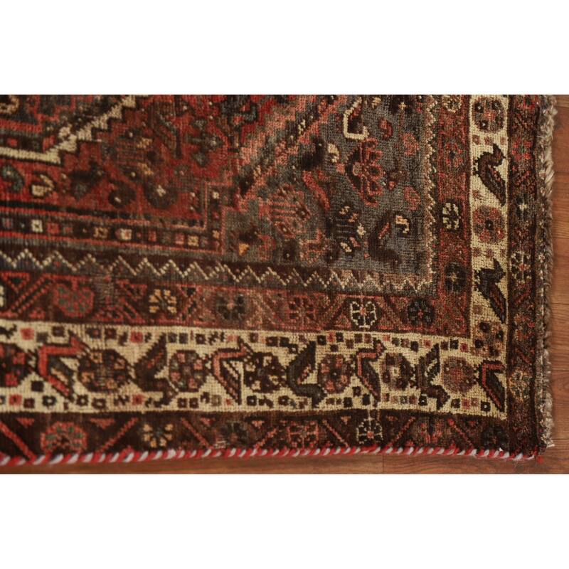Hand-knotted Qashqai Persian Vintage Area Rug Grey Wool Carpet - 3'9"x 5'6"