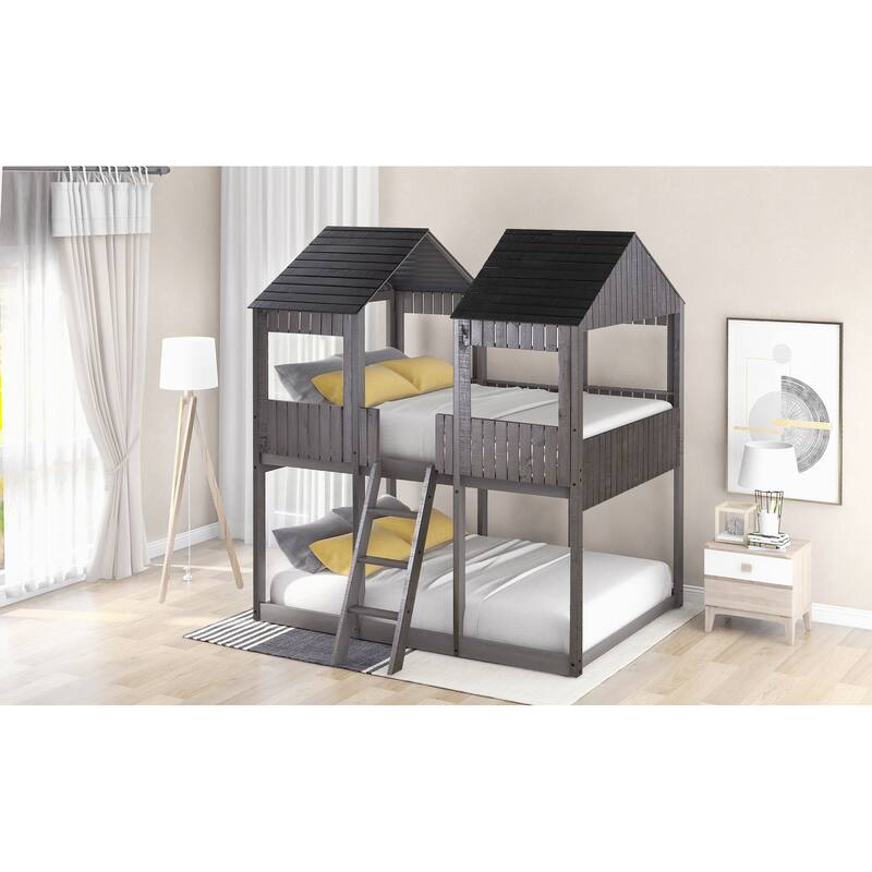 Full Over Full Wood Bunk Bed with Roof, Window, Guardrail, and Ladder in Antique Gray