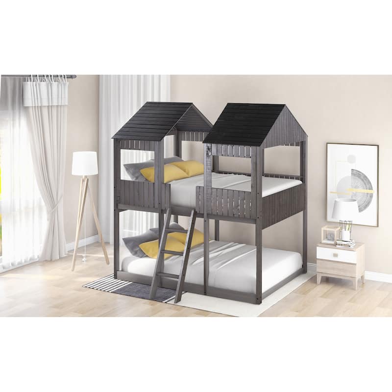 Full Over Full WoodBunk Bed with Roof, Window, Guardrail, Ladder(Antique Gray)