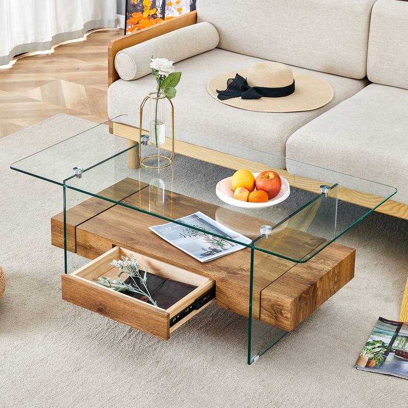 43.3 Inch Modern Two-Tier Coffee Table - Clear Tempered Glass and Wood Grain Texture, Multifunctional Storage Design.The