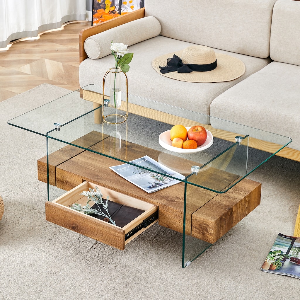 43.3 Inch Modern Two-Tier Coffee Table - Clear Tempered Glass and Wood Grain Texture, Multifunctional Storage Design.The