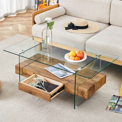 Modern Two-Tier Coffee Table - Tempered Glass And Wood Grain Texture, Multifunctional Storage Design