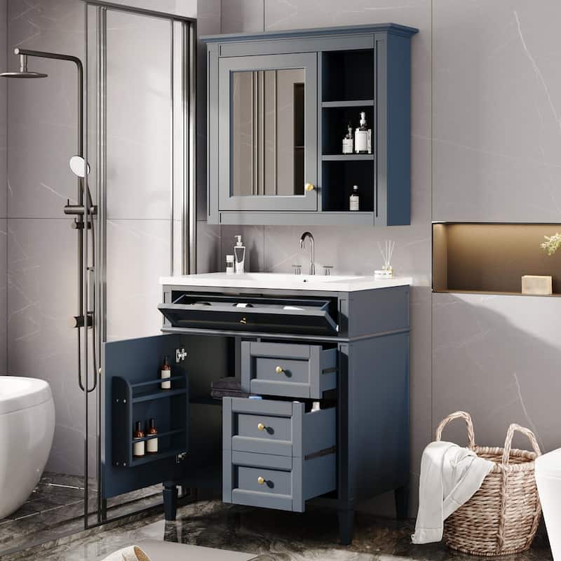 Plywood Freestanding Bathroom Vanity Set in Maple with Integrated Ceramic Sink with Mirror Cabinet - 30“ x 18"