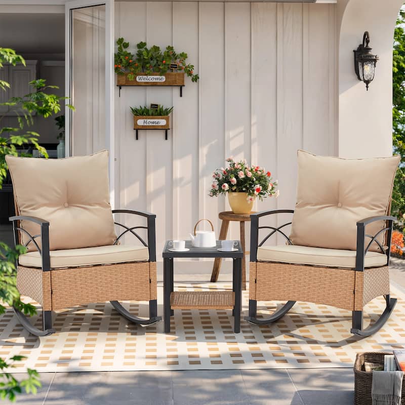 EROMMY 3-Piece Outdoor Rocking/Swivel Chair Set - PE Rattan Patio Furniture with Cushions & Coffee Table, Rocker Chairs