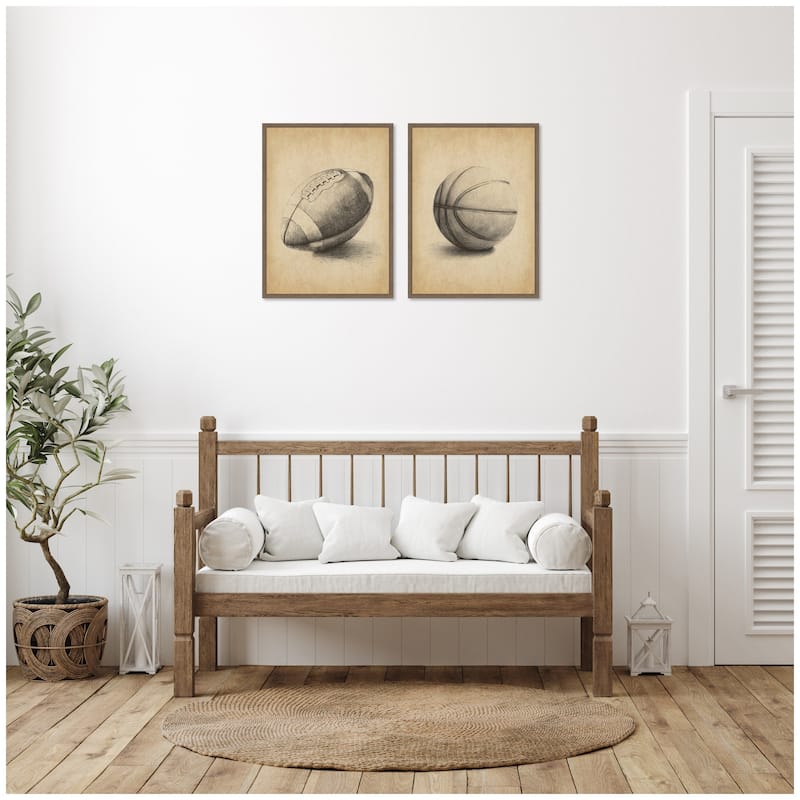 Kate and Laurel Vintage Football & Basketball 2 Piece Framed Canvas Wall Art Set by The Creative Bunch Studio