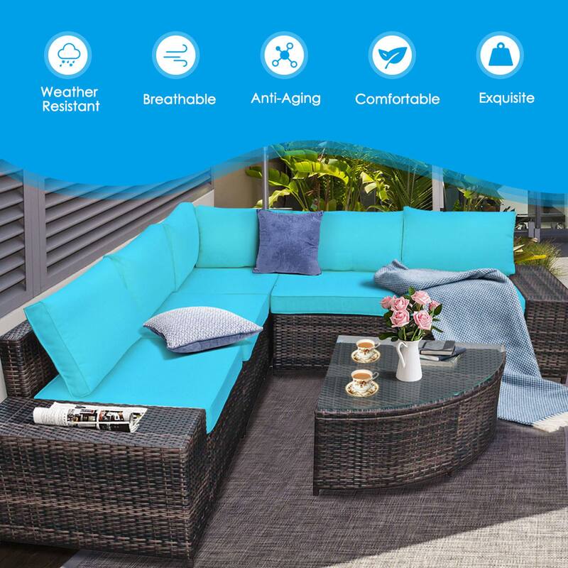 Gymax 6PCS Wicker Furniture Sectional Sofa Set w/ Cushions Turquoise - See details