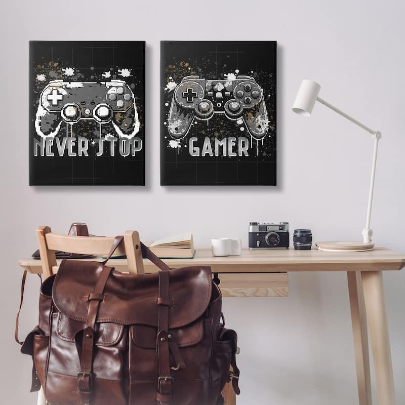 Stupell Modern Gamer Controller Phrases Canvas Wall Art Design By Kim Allen (Set of 2)