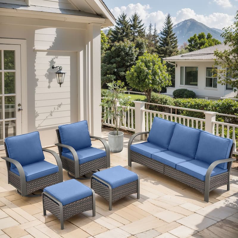 Pocassy Outdoor Sofa PE Wicker Furniture Set - Blue Cushion - 5PCS Sofa Swivel Chair with Ottoman