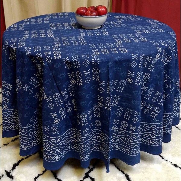 Cotton Hand Block Print Tablecloth Round 88 inches Dabu Indigo Blue - 88 inches