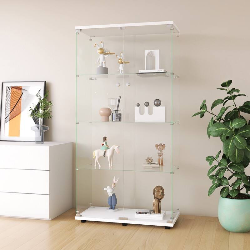 Glass Display Cabinet with Doors & Locks, Acrylic Shelves, Floor Standing Storage Showcase for Home or Office