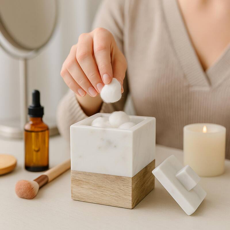Creative Home Off-White Marble and Mango Wood Cotton Ball Swab Holder, Bathroom Storage Jar