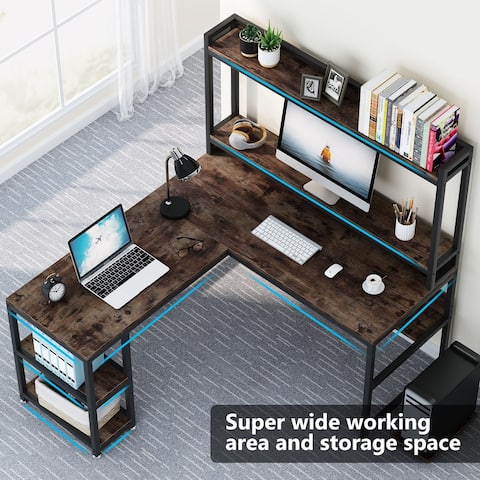 L Shaped Computer Desk with Hutch, L-Shaped Home Office Desk with Shelves and Moniter Shelf