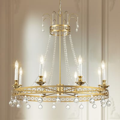 8-Light Glam Modern Wagon Wheel Gold Crystal Chandelier with Crystal Beads - 33.4 in. W x 33.8 in. H