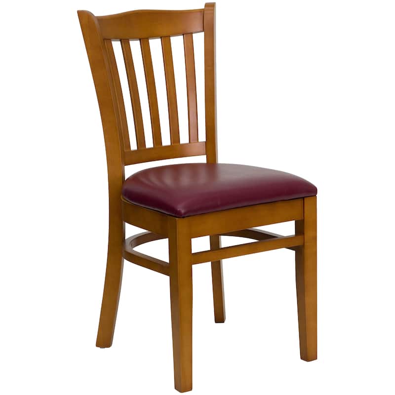 Cherry Hardwood Slat Back Restaurant Chair - 17.5"W x 20.75"D x 34.5"H - burgundy vinyl seat/cherry wood frame