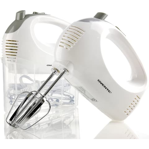 Ovente Electric Hand Mixer Portable 5 Speed Mixing with Whisk Beater Attachments & Snap Storage Case White