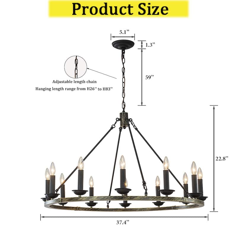 CraftHome 37'' 12-Light Modern Chandelier Round Industrial Candle In Vintage Brushed Gold Over Black Finish For Living Room