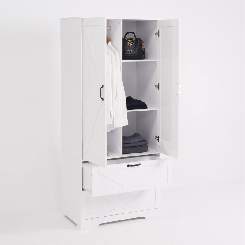 2 Door Wood Wardrobe with Hanging Clothing Rod inside the Cabinet and 2 Drawers, Multifunctional Closet with Mirror