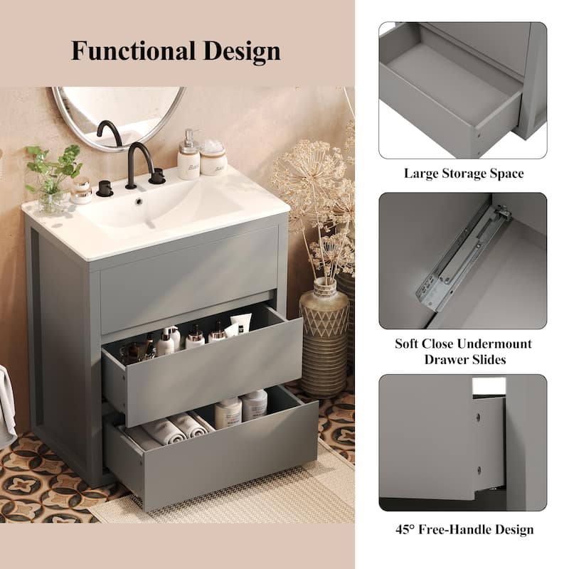 30" Freestanding Bathroom Vanity with Ceramic Sink, 2 Soft Close Drawers, Beveled Handleless Design