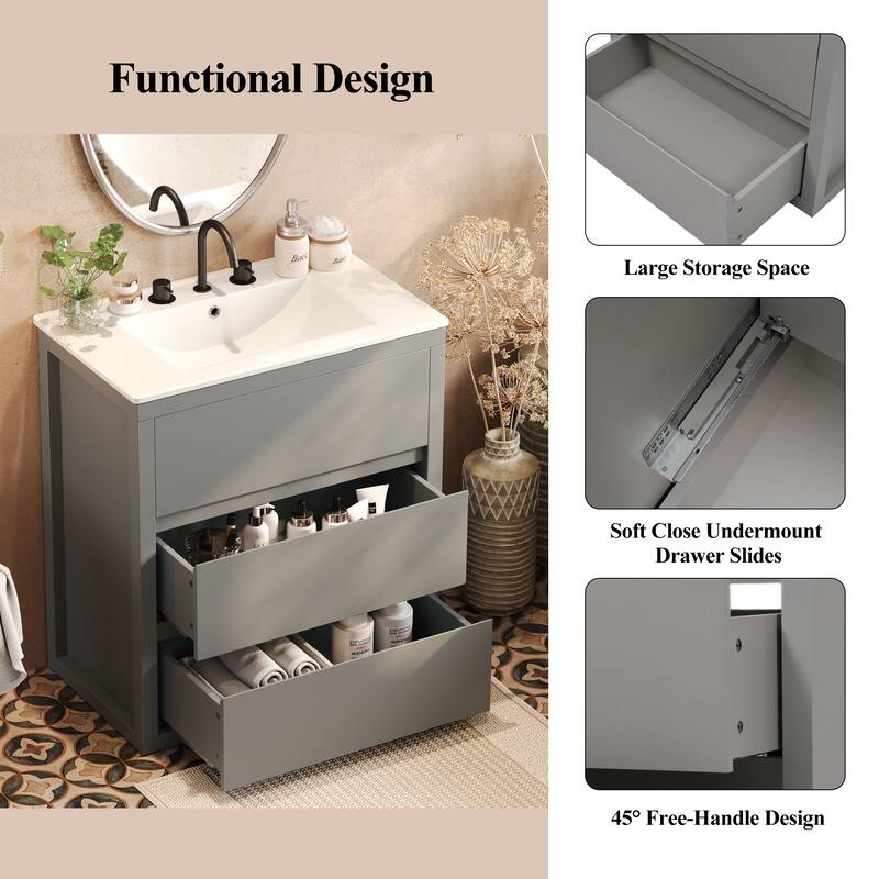 Compact 30" Bathroom Vanity Set - Ceramic Vessel Sink & 2 Soft-Close Drawers, Freestanding Design with 45° Handle-Free Cabinetry
