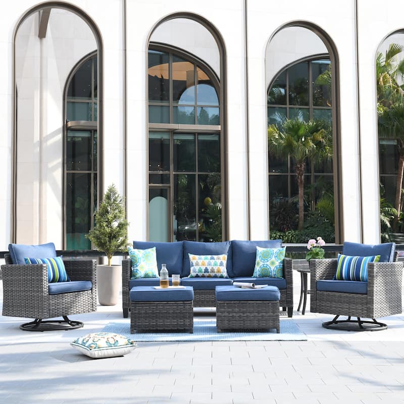 OVIOS 6-piece Patio Wicker Conversation Sofa Set with Swivel Rocking Chairs