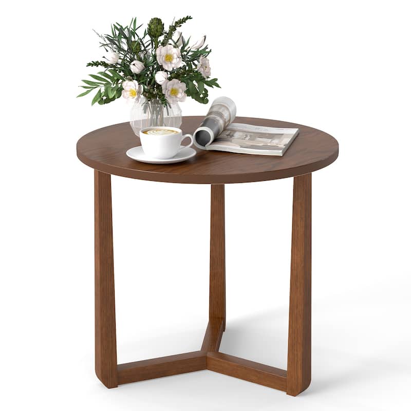 Gymax Round Side Table w/Sturdy Rubber Wood Legs & Triangular - Brown