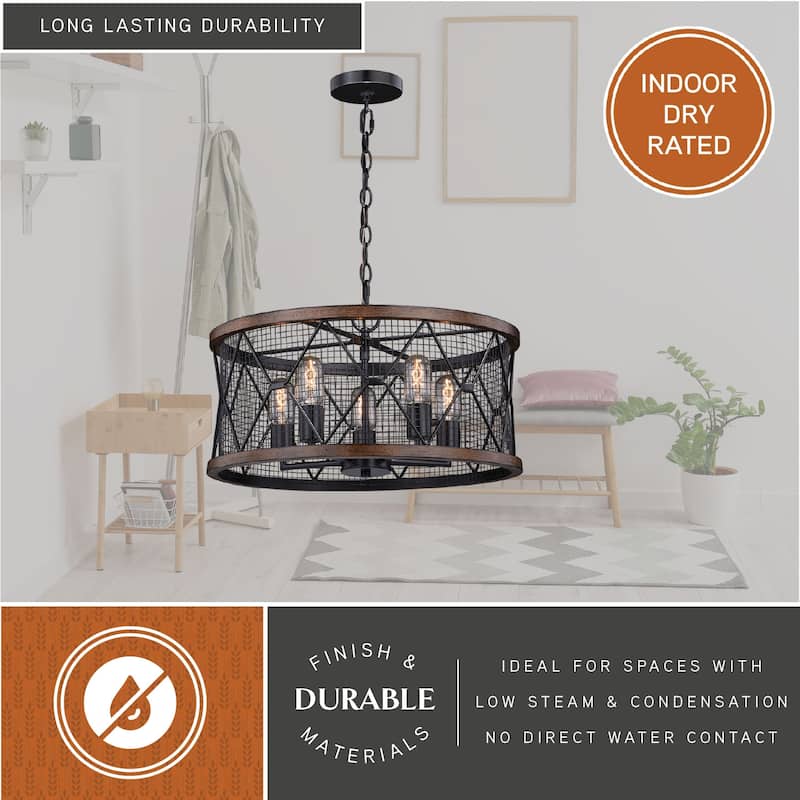 Bremerton 5 Light Black and Wood Cage Drum Chandelier - 20-in W x 11.5-in H x 20-in D