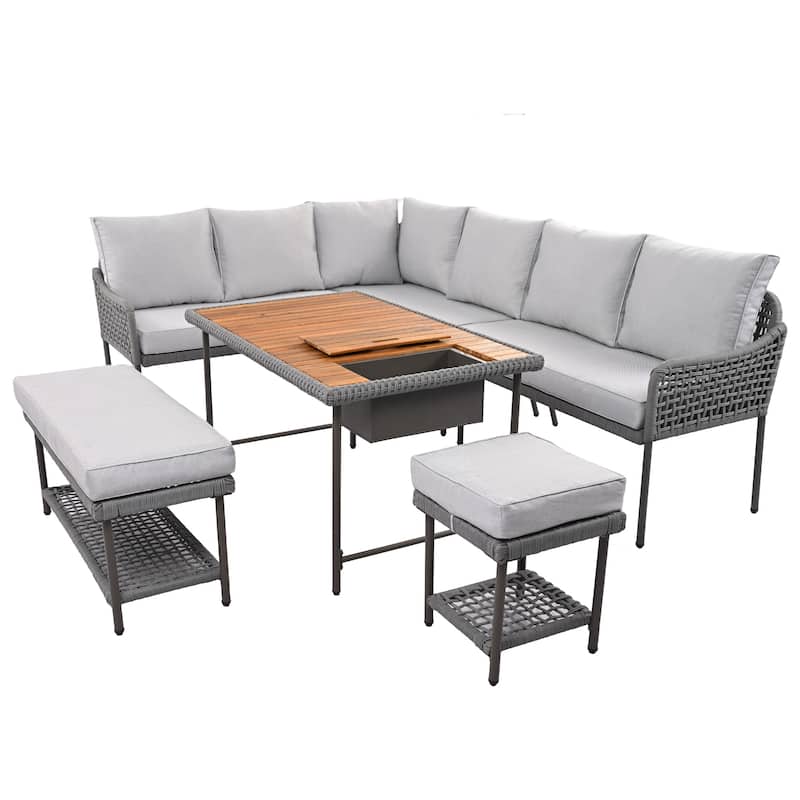 6-Piece Modular L-Shaped Conversation Set, Sectional Sofa Set with Cushions, Acacia Wood Table with Ice Box, Metal Frame