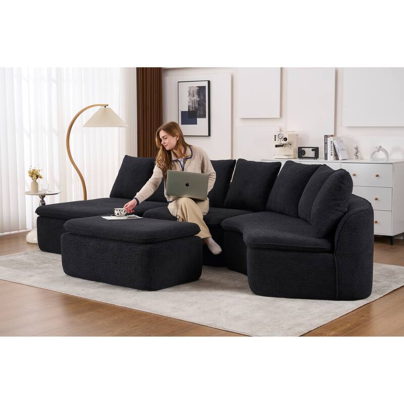 U-Shaped Modular Sectional Sofa with Ottoman, Woodgrain Chenille Deep Seat Boneless Couch, Compression Sofa with Pillows
