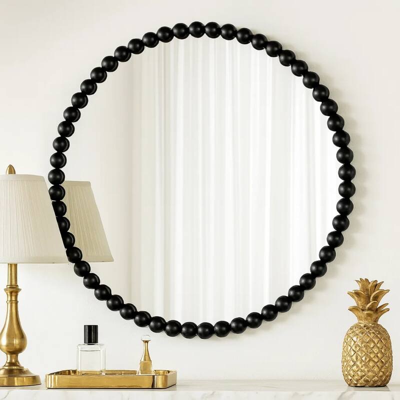 Emu 32 Inch Modern Round Wall Mirror, Beaded Black Metal Accent Frame