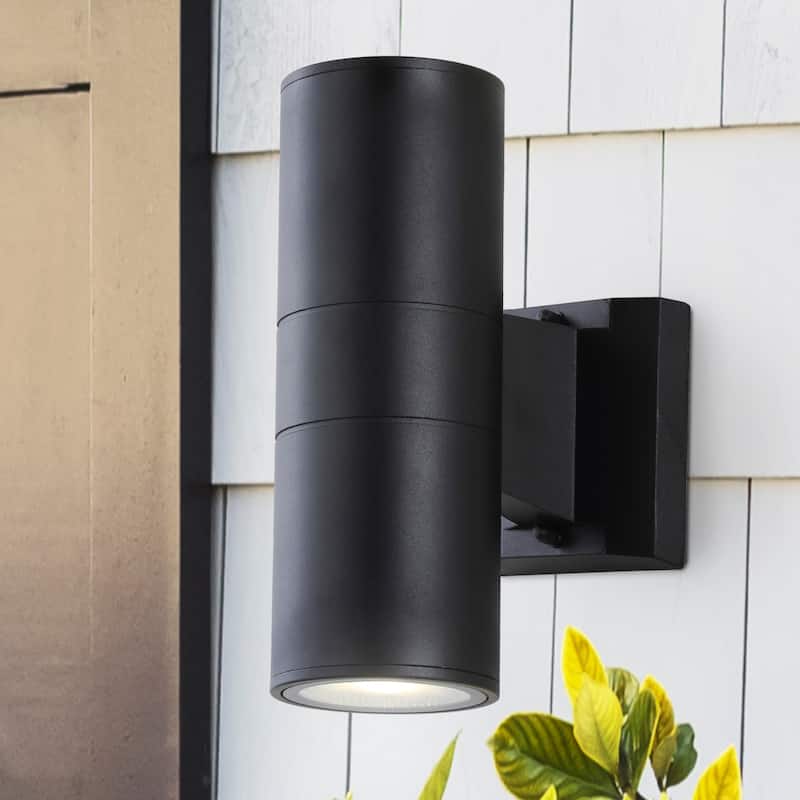 Lauren 2-Light Modern Midcentury Cylinder Outdoor Metal/Glass Integrated LED Wall Sconce with Uplight, by JONATHAN Y - Black