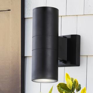 JONATHAN Y Lauren 2-Light Modern Midcentury Cylinder Outdoor Metal/Glass Integrated LED Wall Sconce with Uplight