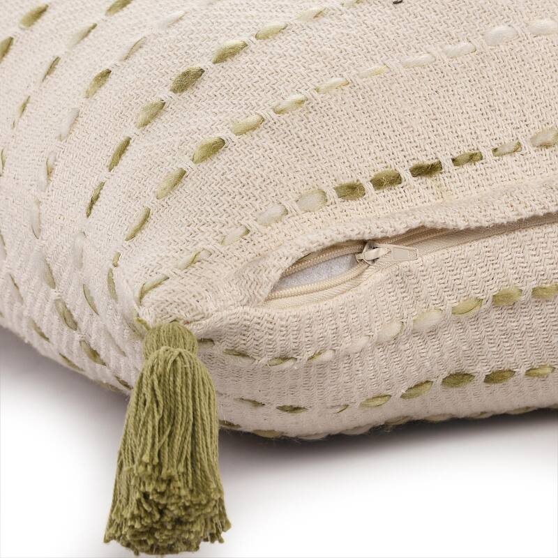 Handmade Variegated Stripe Square Throw Pillow with Tassels - 20" - Green and White