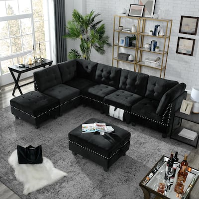 Black Modern 7Seat Velvet Removable Cushion Sofa DIY Combination Couch Set for Livingroom w/ 3 Single Sofa and 2 Movable Ottoman