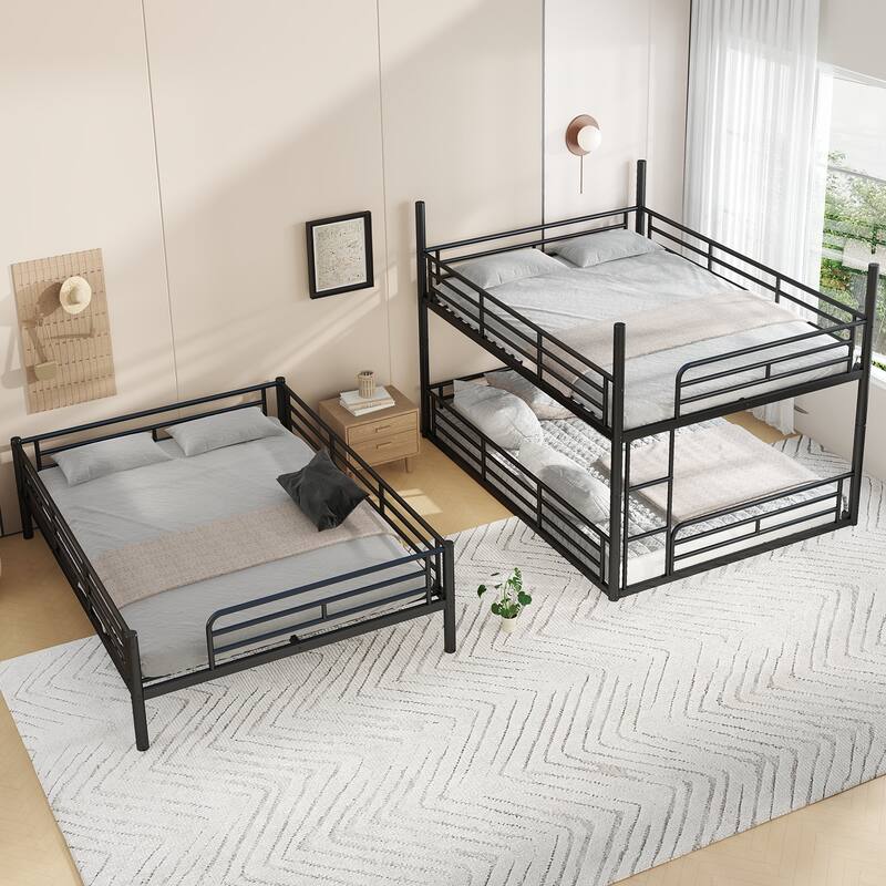 Queen over Queen over Queen Bunk Bed, Metal Triple Bunk Bed with Safety Guardrails, Bunk Bed with Noise-reduced Design