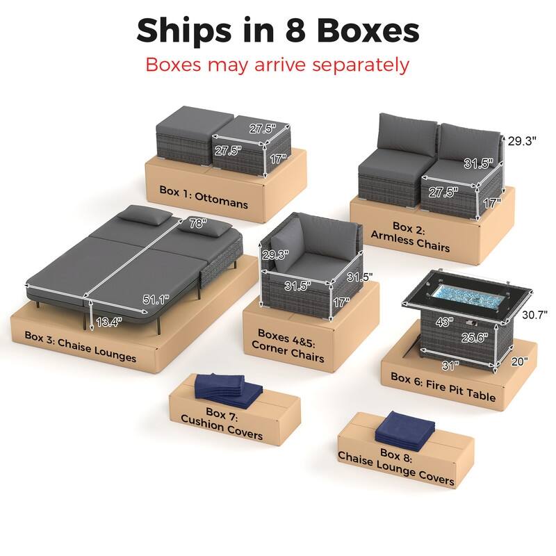Outdoor Sectional Conversation Set PE Wicker with Double Chaise Lounge, 60,000 BTU Fire Pit Table