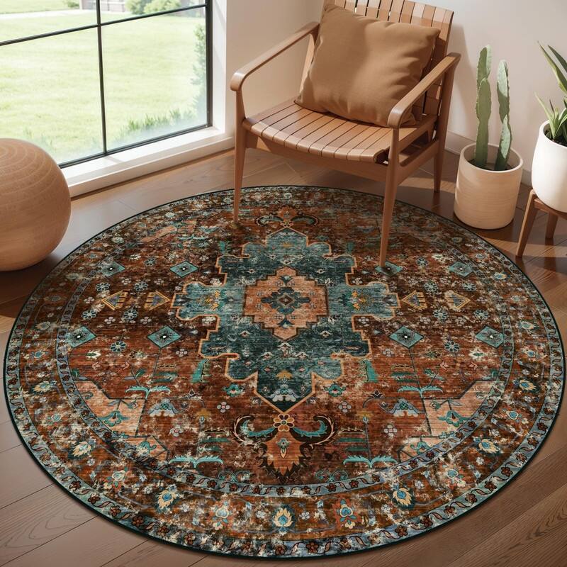 Washable Vintage Area Rug, Boho Rug, Ultra Soft Rugs for Entryway - 4' x 4' - Round