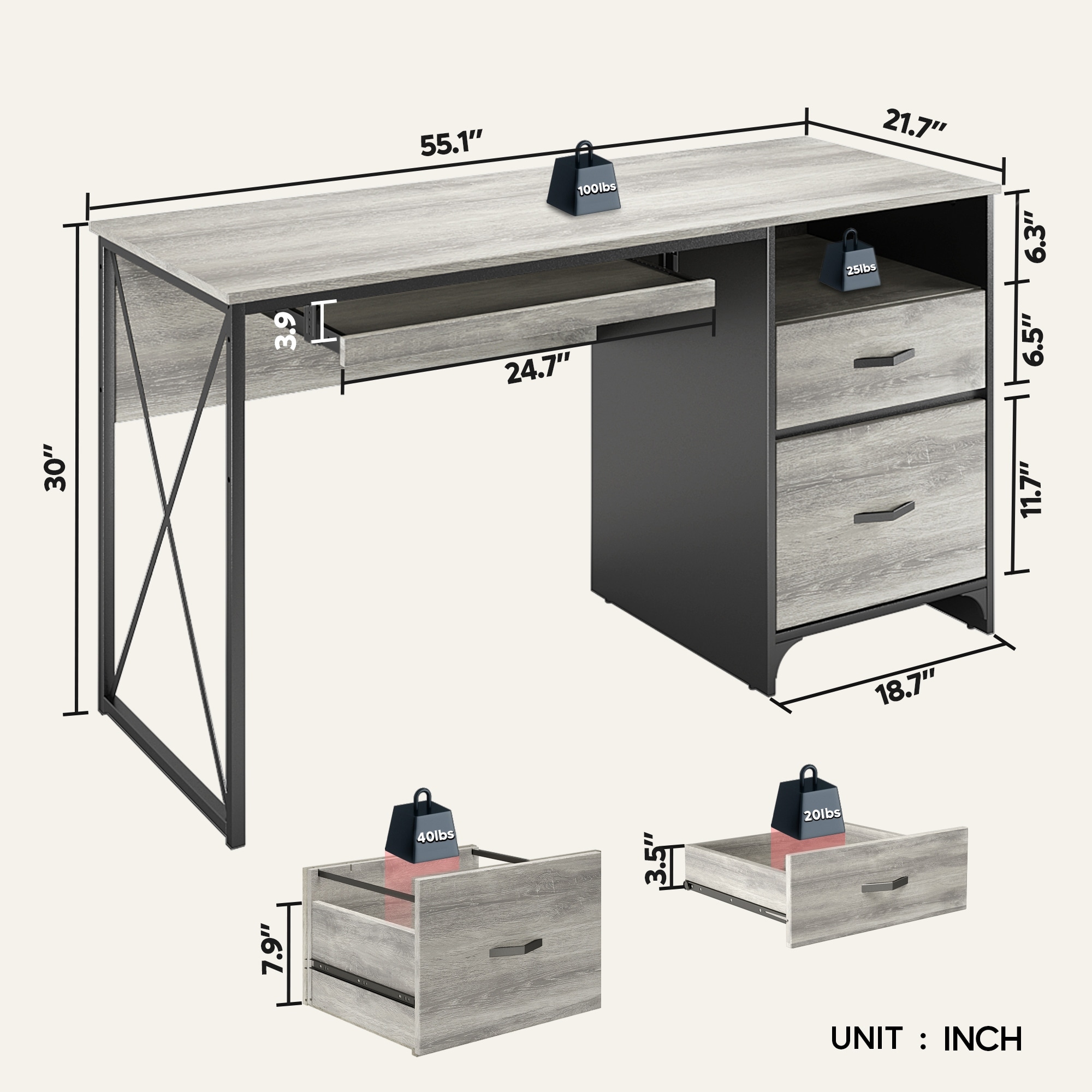 Bestier 55 in. Office Desk with Storage Drawers and Keyboard Tray