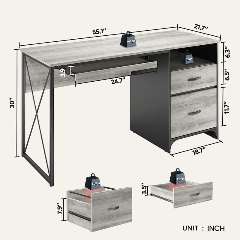 55 inch Computer Desk with Keyboard Tray and Storage Drawers