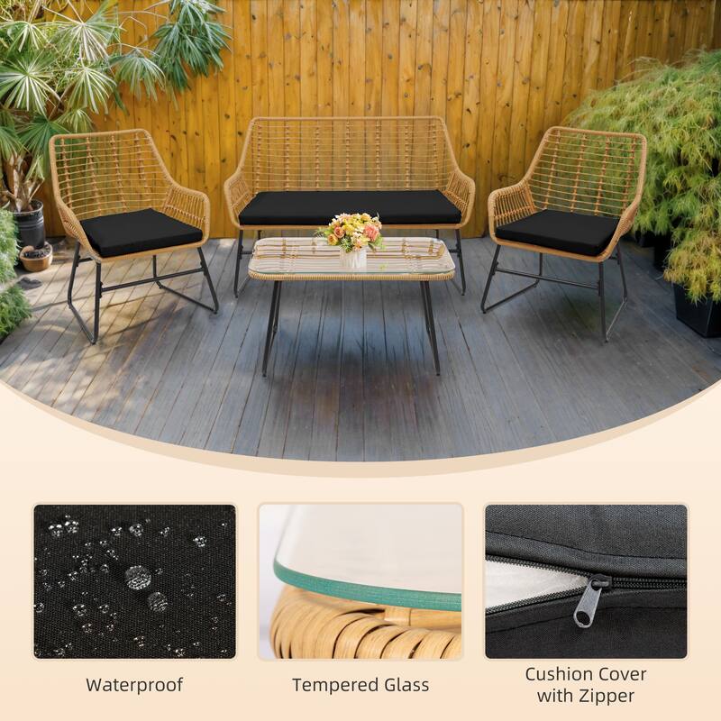 4 Piece Patio Furniture Set, Outdoor Wicker Conversation Set with Loveseat,Chairs and Table - 47.2" W x 24.4" D x 31.9" H