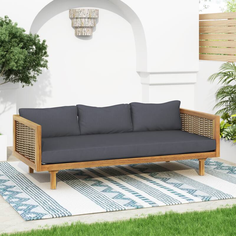 Acacia Wood Daybed with Rattan Arms Slat Paneling and Water Resistant Cushions