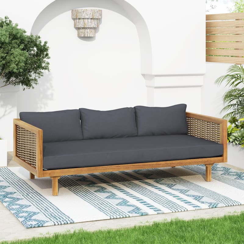 Aidan Farmhouse Outdoor 3 Seater Daybed with Fabiric Cushion by Christopher Knight Home