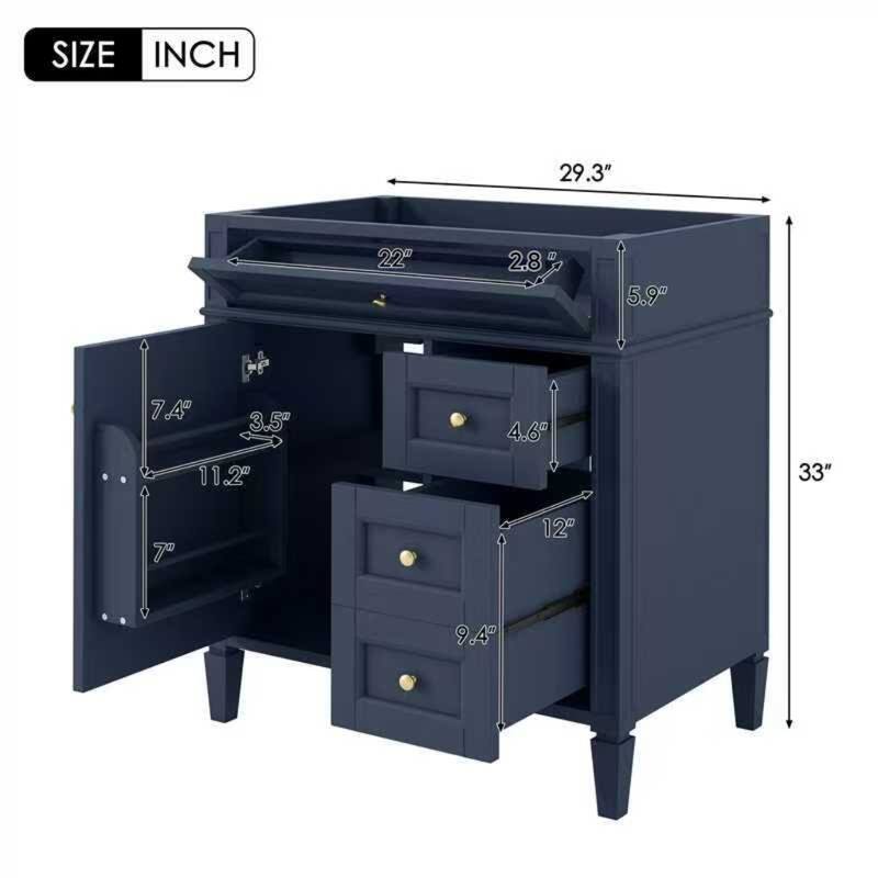Roomfitters 30" Vanity Base Only, Modern Bathroom Cabinet with 2 Drawers and Tip-out Tray, Basin Not Included