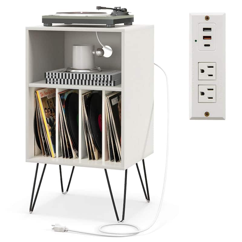 Costway 3-Tier Record Player Stand with Charging Station Shelf & 4 - 21'' x 18'' x 34'' - White - 21'' x 18'' x 34''