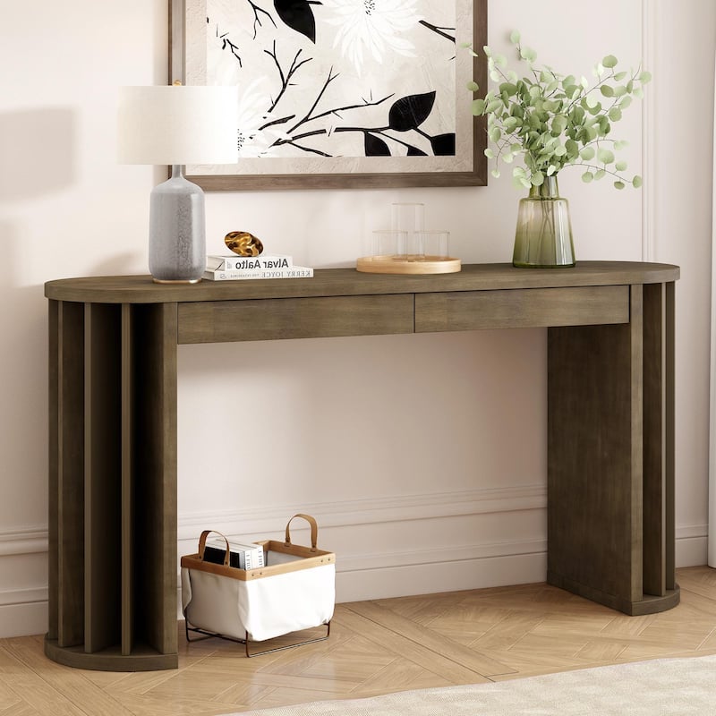 59-Inch Long Console Table, Oak Veneer Sofa Table - Natural