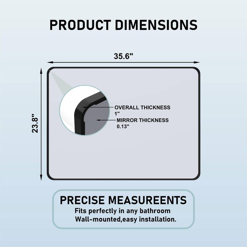 24 Inch Black Metal Framed Rectangular Tempered Bathroom Mirror for Wall - 35.63