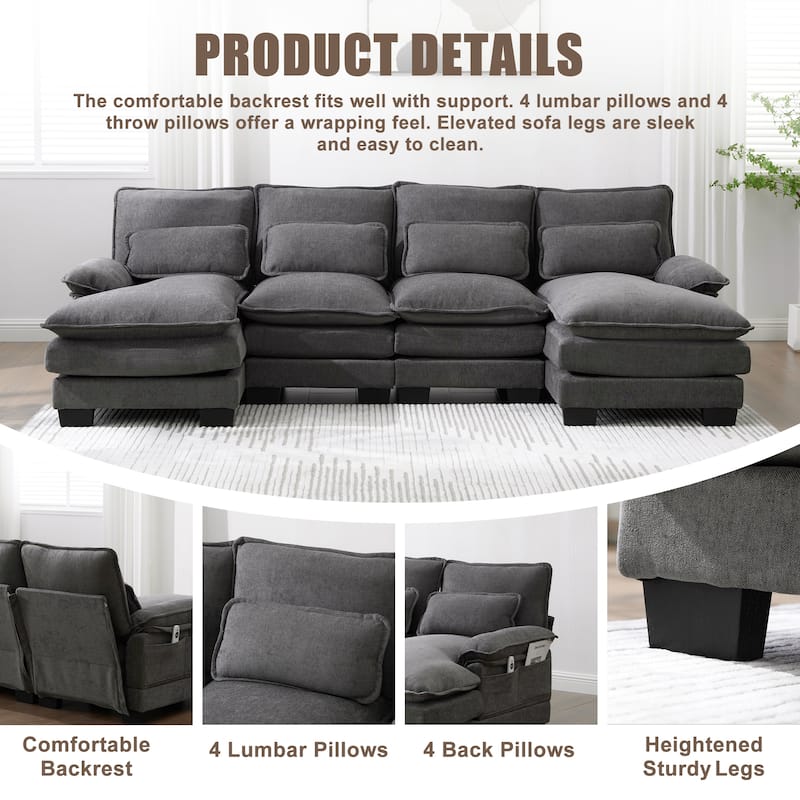 HOMEFUN Chenille Upholstered U-Shaped Modular Wood Frame Sleeper Sectional Sofa with Double Chaise