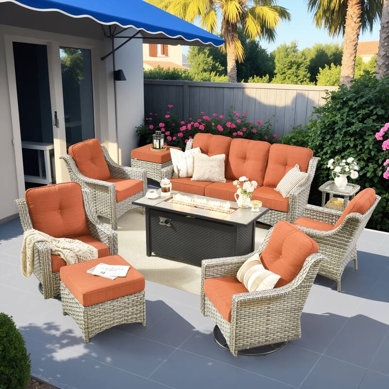 HOOOWOOO 9-piece Rattan Outdoor High Backrest Swivel Chair Set with 54"Fire Pit - Red/Orange