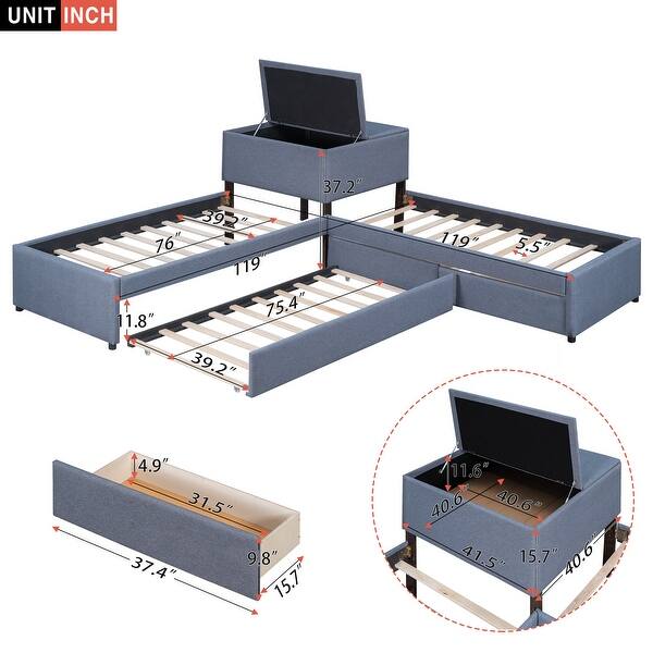 L-Shaped Upholstered Platform Bed with Trundle & Storage Cabinet